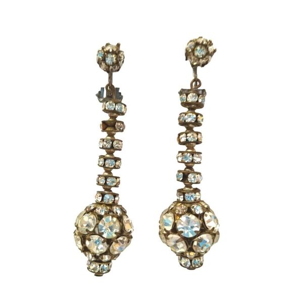 Vintage Disco Ball Round Cut Rhinestones Dangle Drop Earrings Silver Tone Clip - Picture 1 of 3